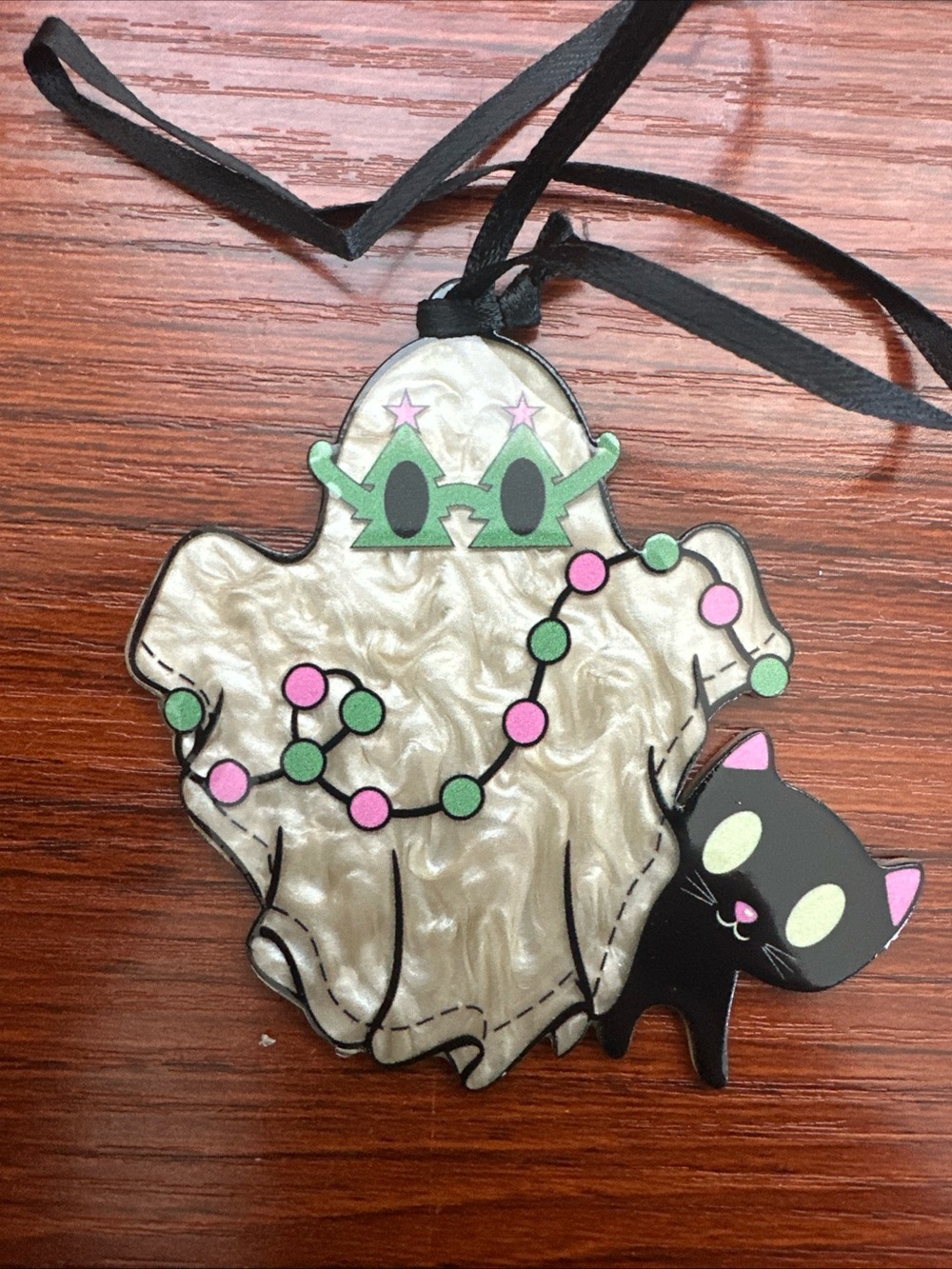Acrylic Ghost Ornament With Christmas Glasses And A Black Cat